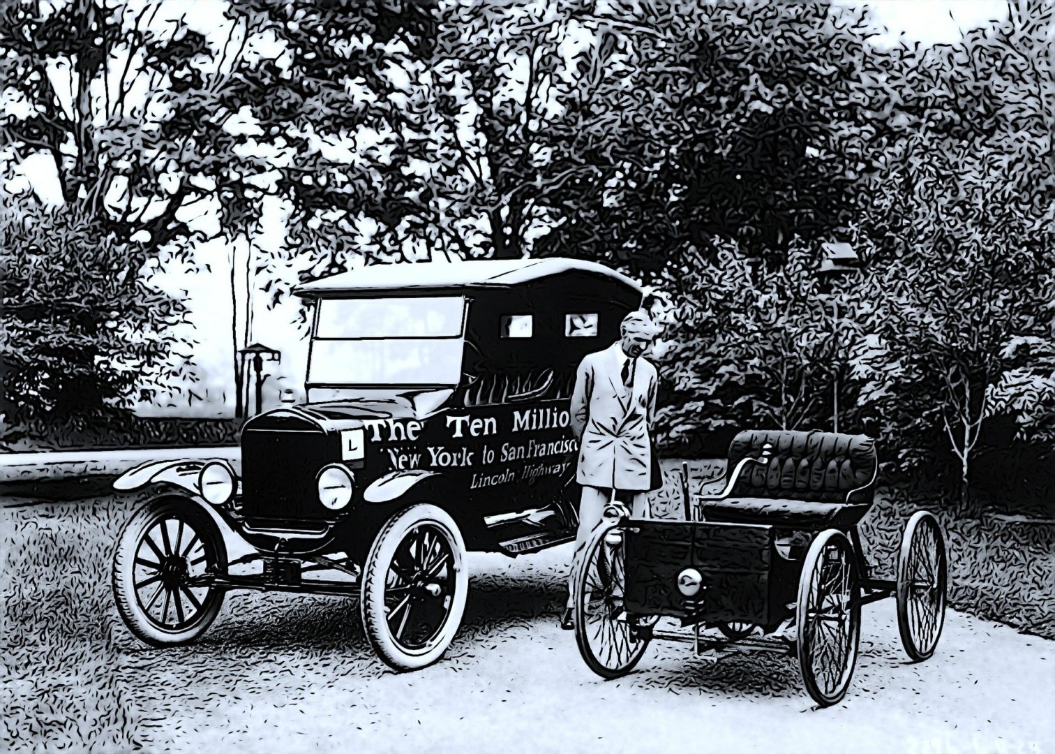 imagem antiga de henry ford admirando os carros modelos t de 1910 representando a evolução do mercado financeiro e de capitais
