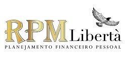 logomarca empresa RPM em letras douradas Libertà em letras pretas acima uma águia voando para a liberdade financeira e abaixo Planejamento Financeiro Pessoal em letras pretas