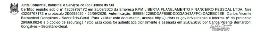 registro da empresa RPM Libertà na junta comercial Garibaldi RS